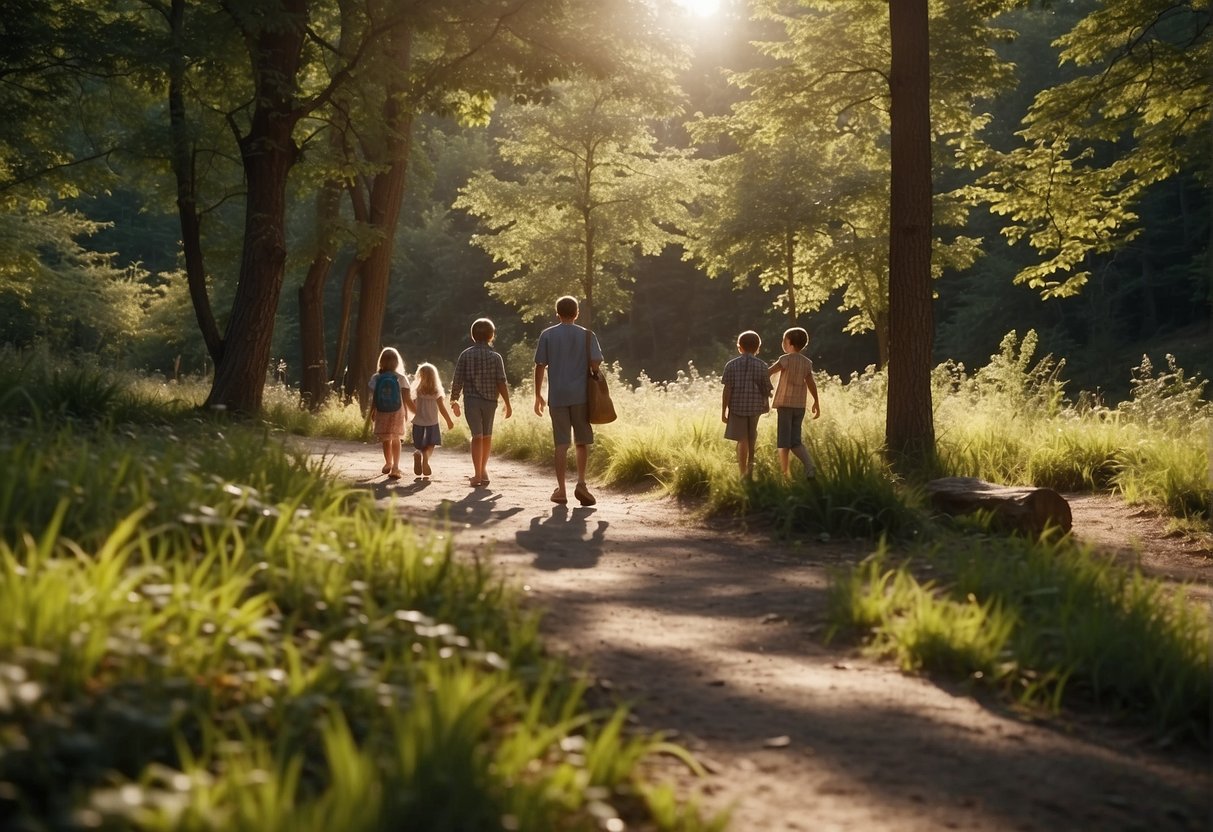 Families picnic near a winding trail, kids play in a nearby stream, while others explore the surrounding woods. The sun shines through the trees, casting dappled shadows on the ground