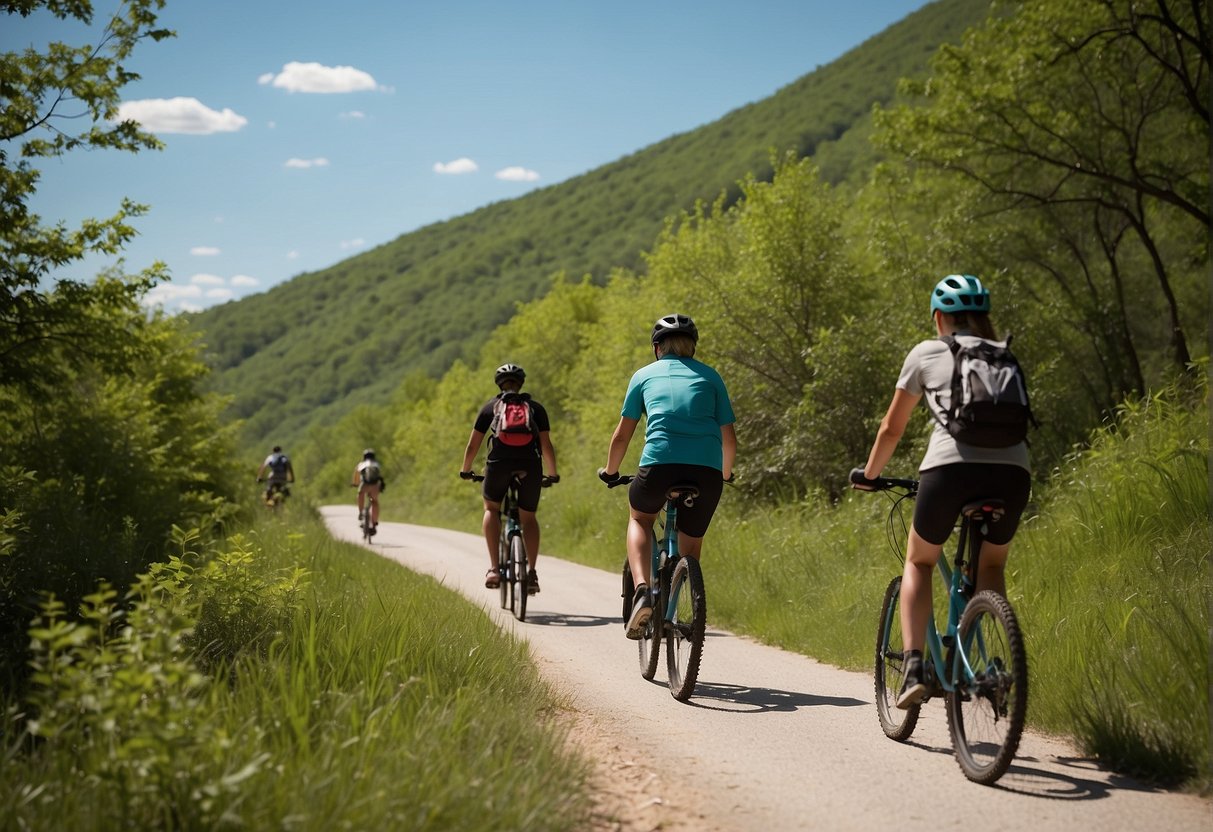 Families biking on scenic Missouri trails in spring. Lush greenery, winding paths, and clear blue skies. A mix of flat and hilly terrain for all skill levels