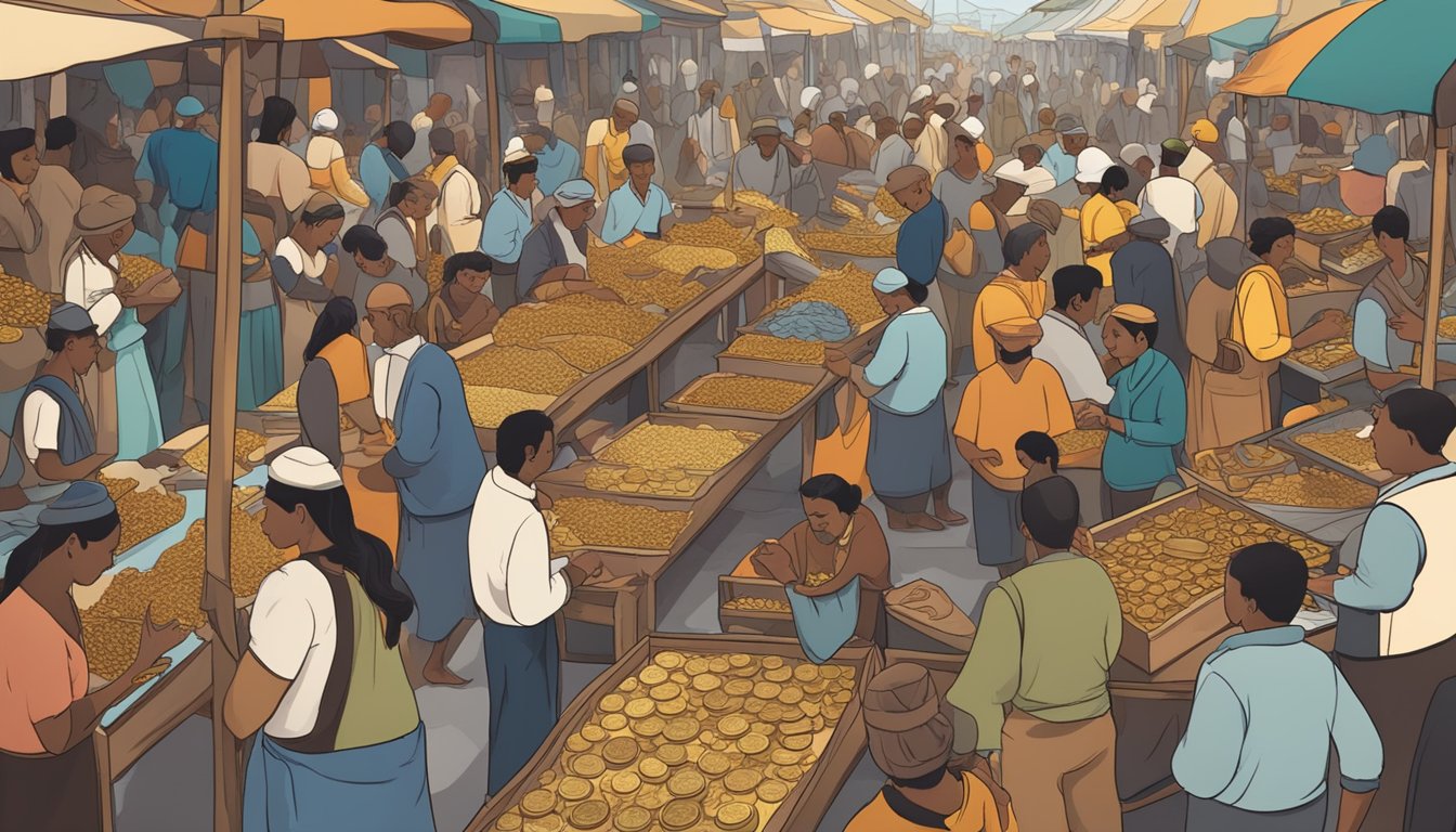 A crowded marketplace, with vendors displaying gold jewelry and coins. Prices are competitive, and customers are haggling with the sellers