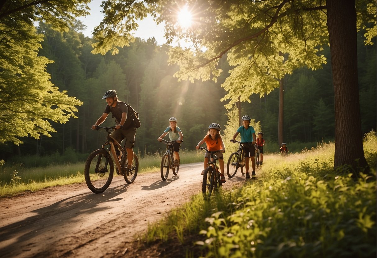 Families gather at the trailhead, bikes ready, as the sun shines through the trees. Children laugh and pedal alongside their parents, enjoying the scenic beauty of the Missouri biking trails