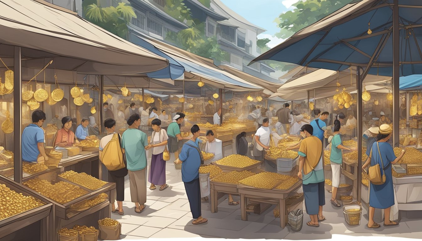 A bustling marketplace in Singapore, with vendors selling gold at competitive prices. Customers haggling and examining various forms of gold, from jewelry to bullion
