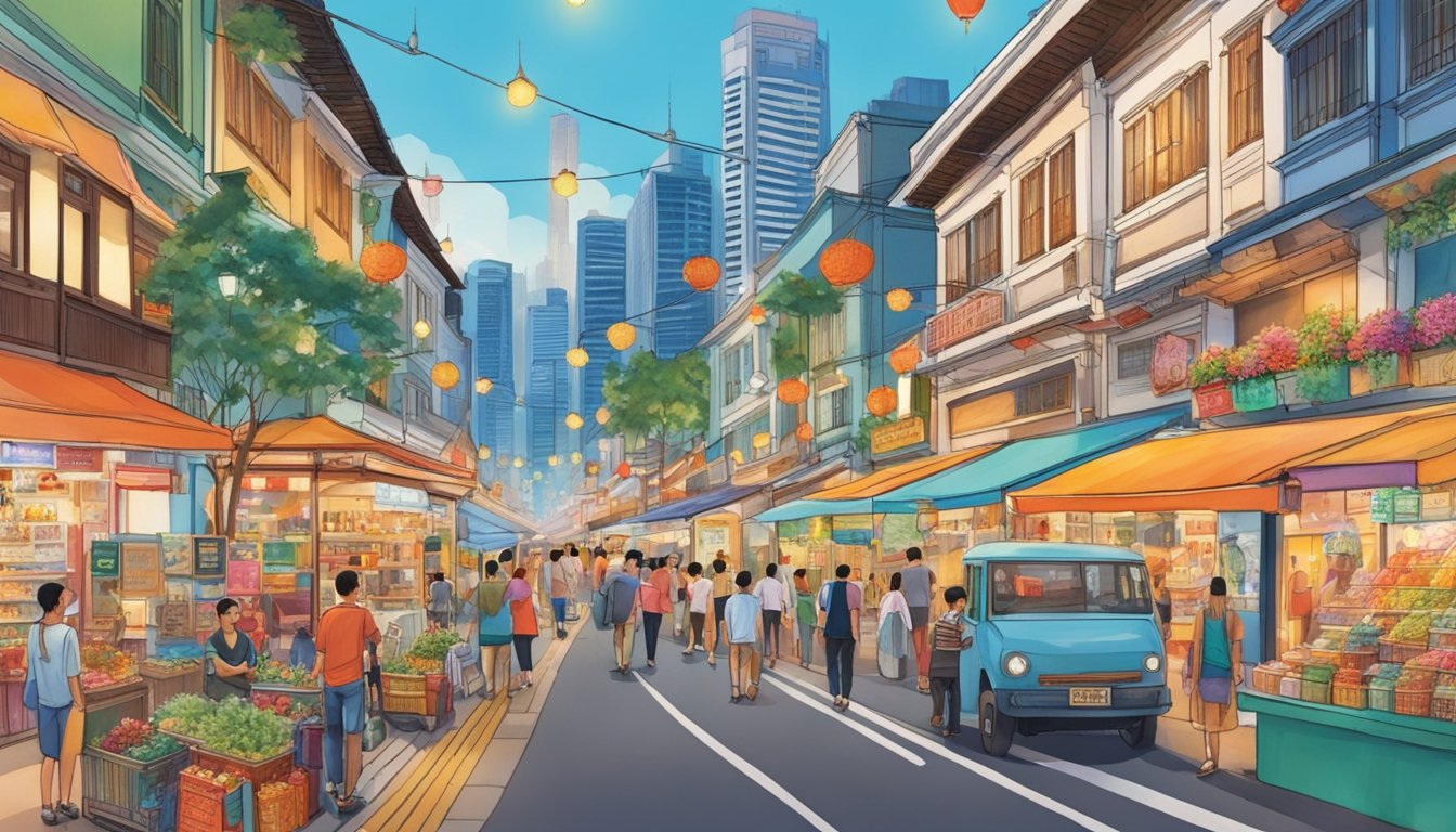Colorful storefronts line the bustling street, adorned with traditional Singaporean souvenirs and trinkets. Bright lights and vibrant displays draw in tourists eager to take home a piece of the city
