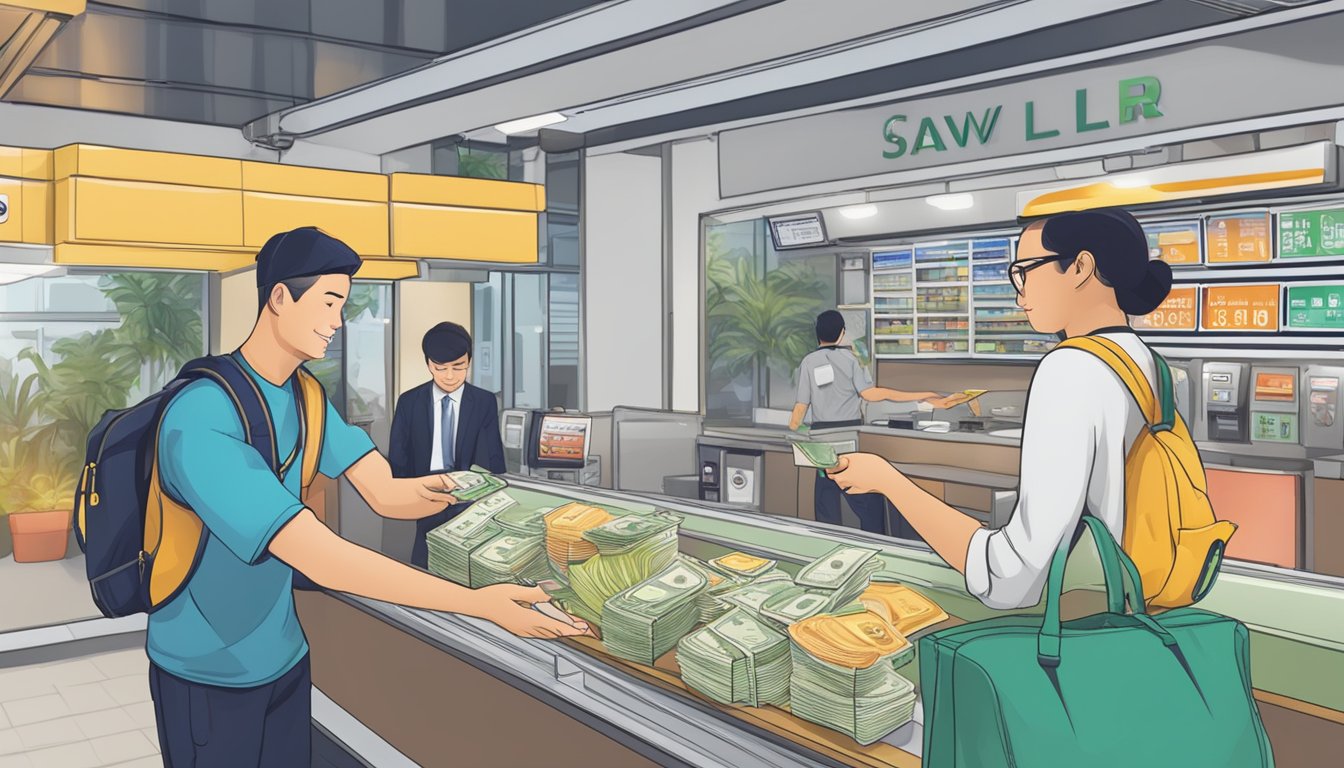A traveler at a counter in Singapore, handing over money and receiving a JR Pass in exchange