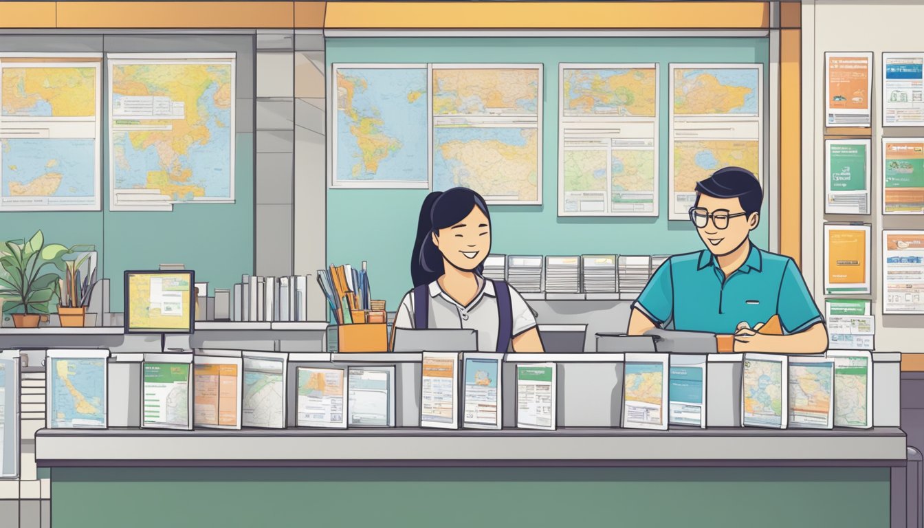 A person at a travel agency counter in Singapore buying a JR pass, with brochures and a map on the counter