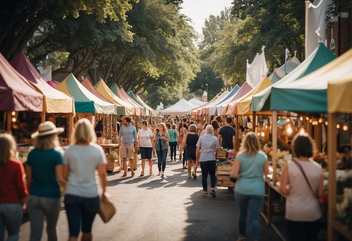 A bustling craft fair with colorful booths, families enjoying hands-on activities, and artisans demonstrating their skills. The scent of freshly made goods fills the air as children run around, creating memories