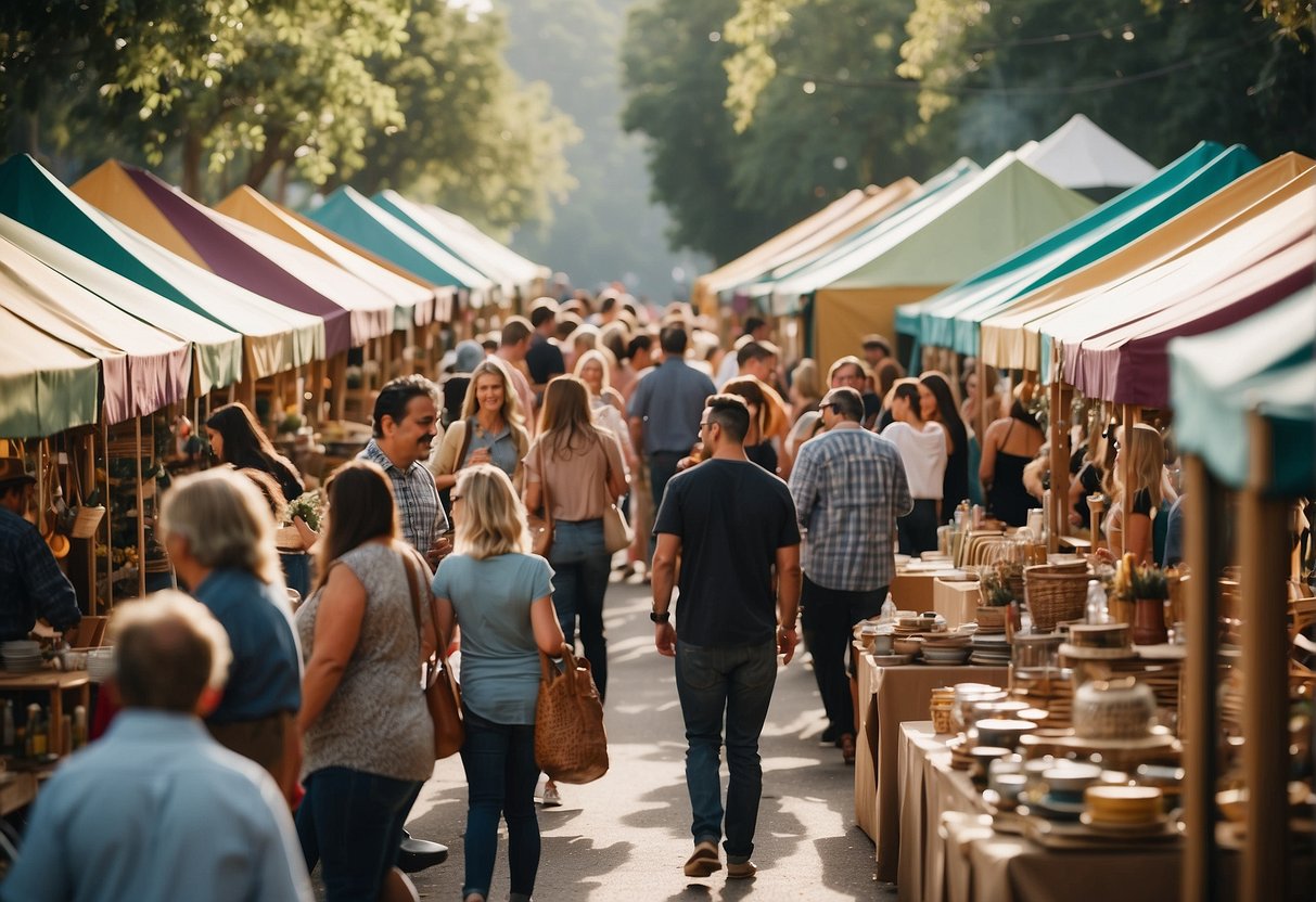 A bustling craft fair with colorful booths and families enjoying handmade goods, food, and entertainment. The scene is filled with laughter and creativity