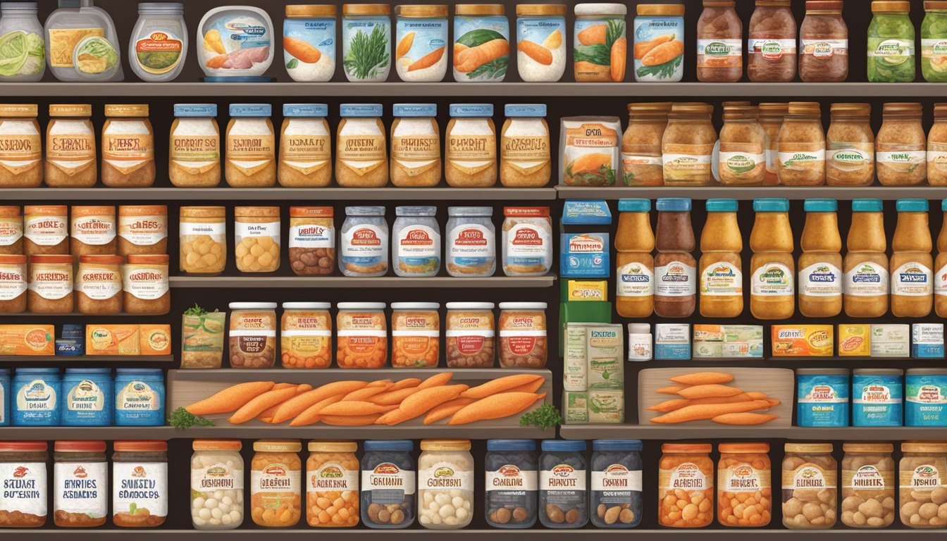 A variety of gefilte fish brands displayed on a supermarket shelf