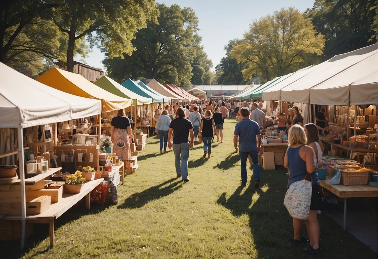 A bustling Missouri craft fair with vendors, families, and children enjoying handmade goods and activities. Bright spring colors and lively atmosphere