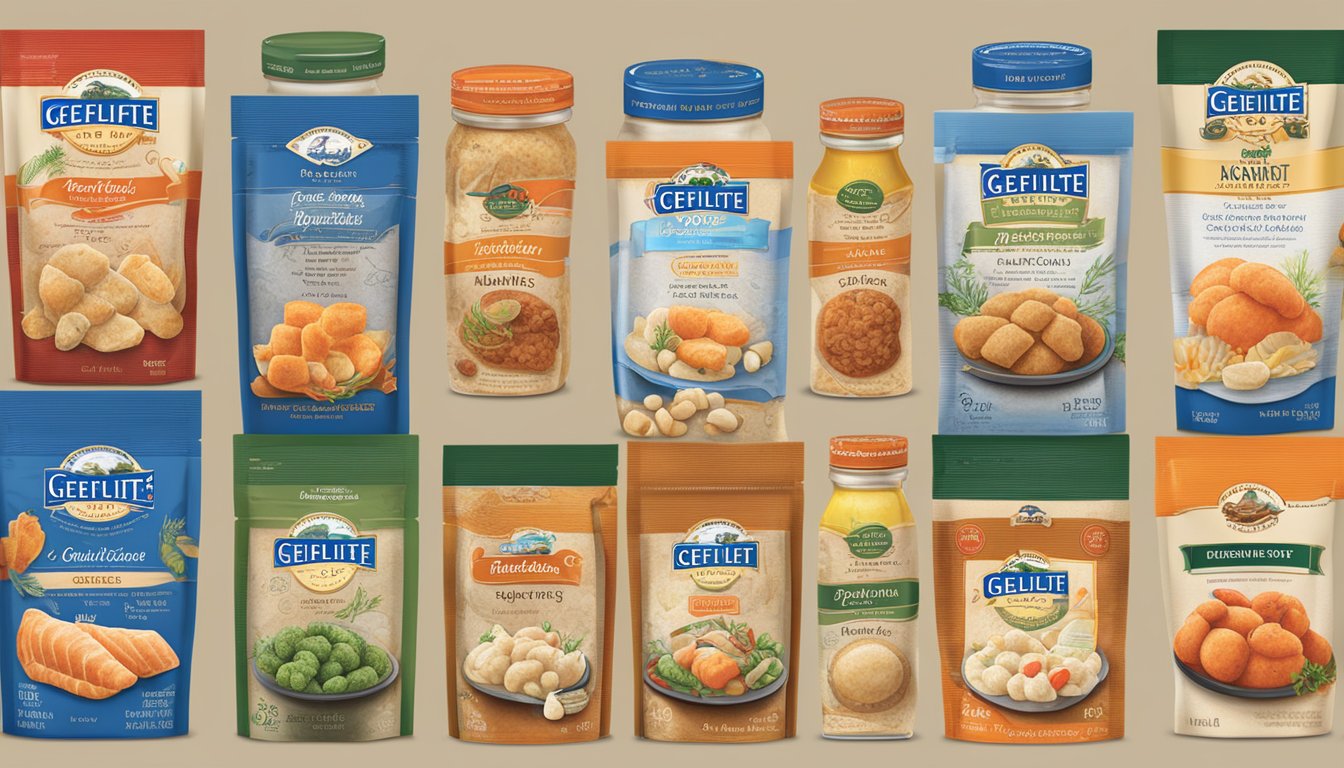 A table displays various gefilte fish brands, each with unique packaging and ingredients. Labels include traditional, spicy, and gourmet options