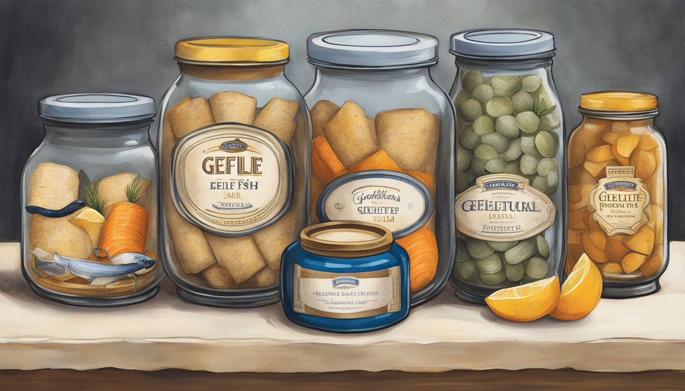 A table adorned with various jars of gefilte fish, each bearing a different brand's label, evoking cultural and historical significance