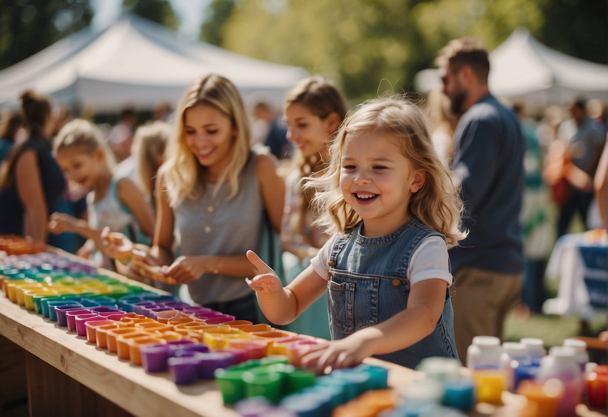 Children laughing and playing with colorful art supplies at a spring craft fair. Families browsing through handmade goods and enjoying outdoor activities together