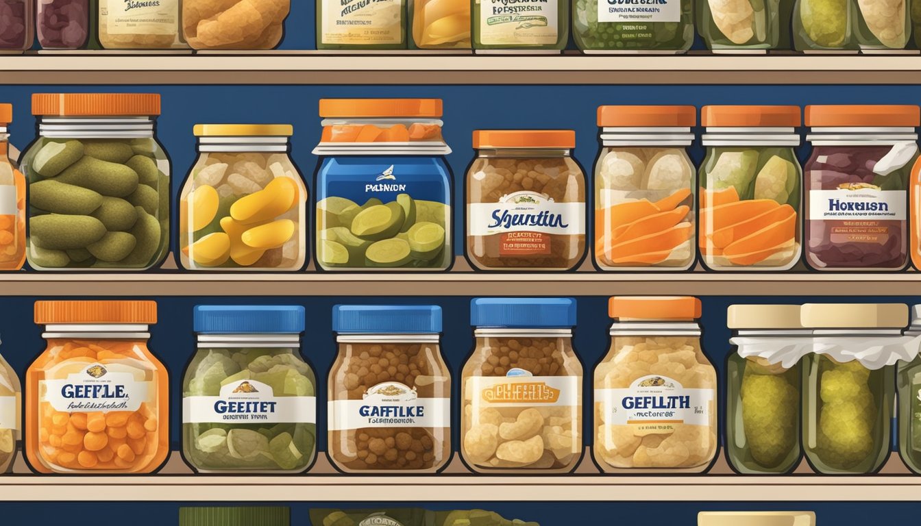 A variety of gefilte fish brands arranged on a display shelf, with colorful packaging and labels, surrounded by small jars of horseradish and pickles