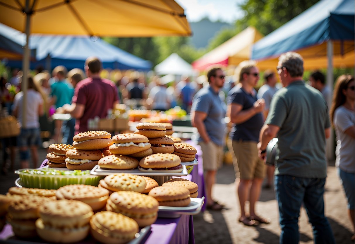 Colorful food booths line the bustling craft fair, offering a variety of delicious treats. Families gather around picnic tables, enjoying the festive atmosphere