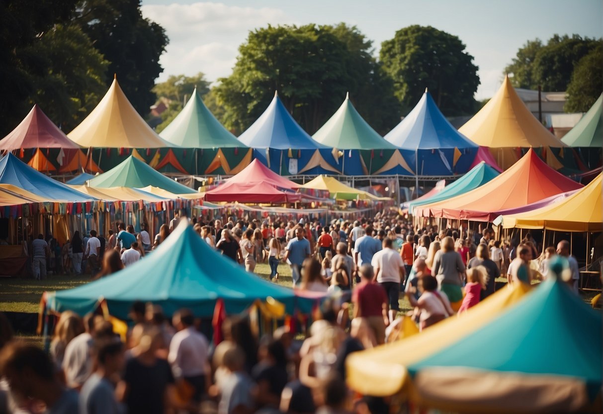 Colorful tents line the bustling fairground, filled with handmade crafts and lively performances. Families gather to enjoy music, dance, and interactive activities, creating cherished memories together