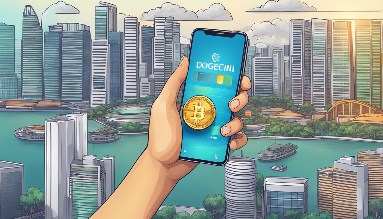 A Singapore skyline with a prominent financial district. A computer or smartphone displaying a Dogecoin exchange platform. A hand holding a credit card ready to make a purchase