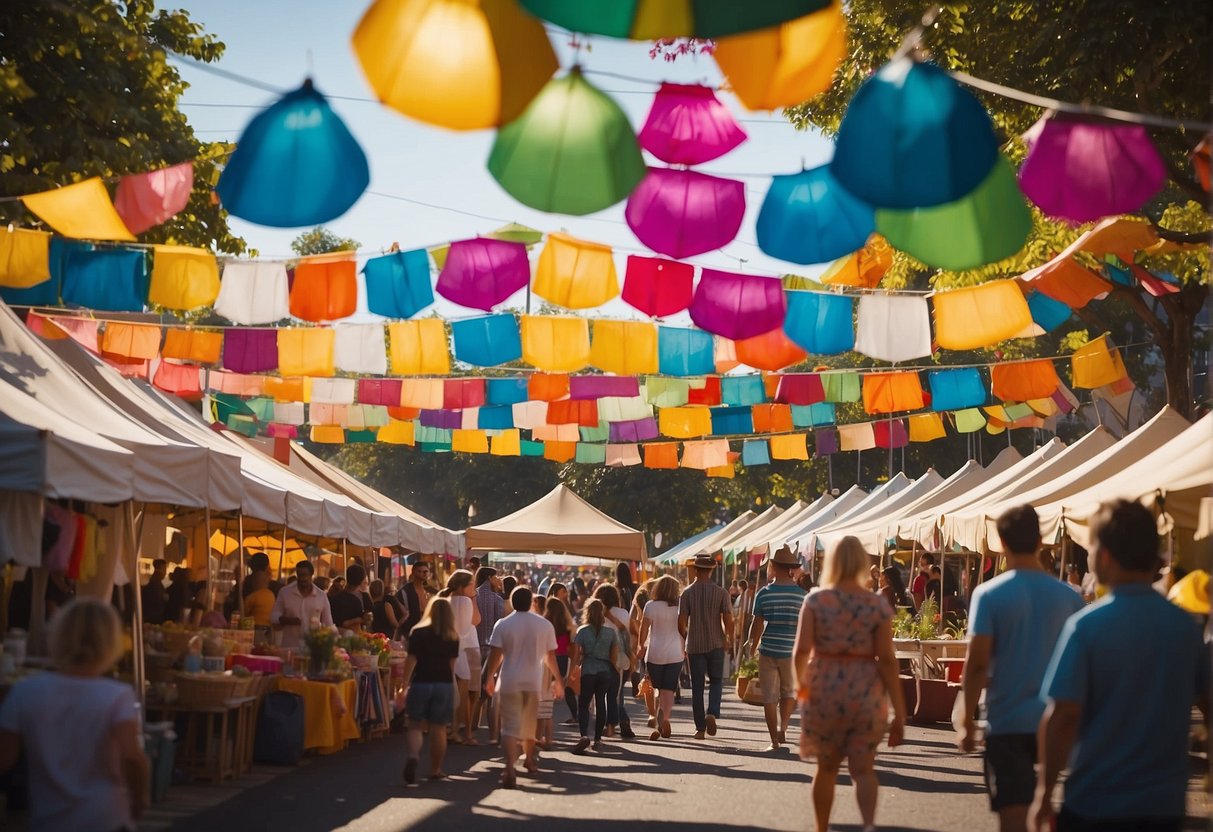 Colorful tents line a bustling street, showcasing handmade crafts. Families enjoy live music and food while children engage in craft activities. The sun shines on the joyful scene