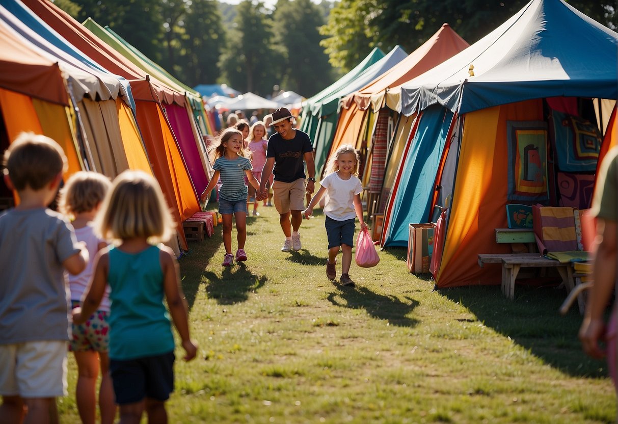 Colorful tents line the fairgrounds, showcasing handmade crafts. Families stroll, admiring pottery, jewelry, and artwork. Children laugh and play in the sunshine, creating cherished memories