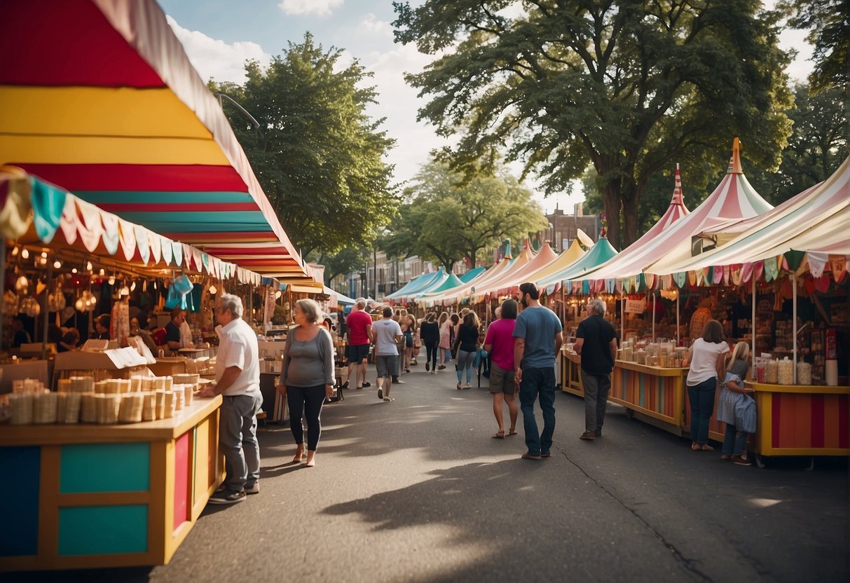Colorful craft booths line the bustling fairground, filled with families browsing handmade treasures. The scent of kettle corn and the sound of live music fill the air