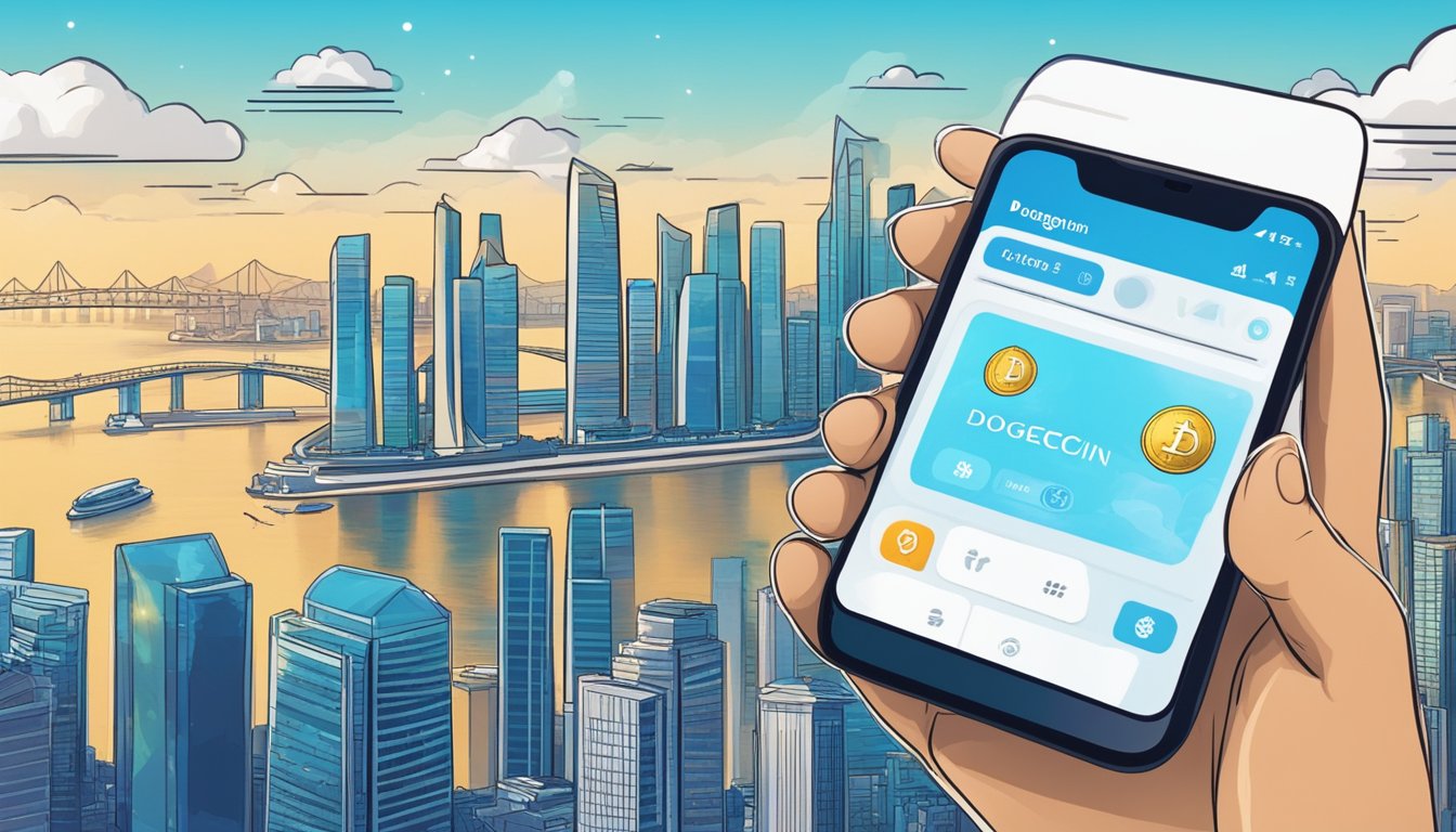 A person in Singapore buys Dogecoin using a smartphone app. The background shows the city skyline and a digital currency exchange platform on the screen