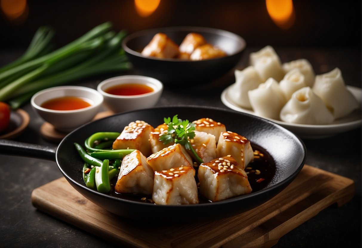 A table with assorted ingredients like tofu, scallions, and soy sauce. A wok sizzling with oil, stir-frying veggies and meat. A plate of finished dumplings and spring rolls