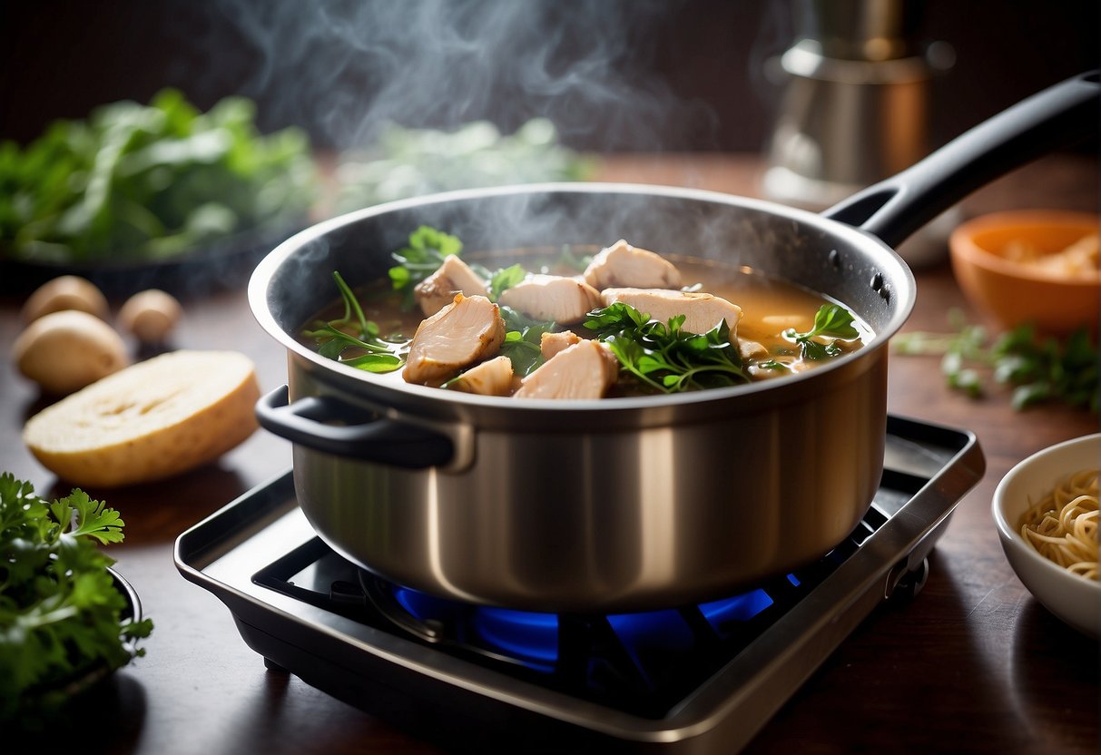 A pot simmers on a stovetop, filled with clear broth, tender pieces of chicken, sliced mushrooms, and leafy greens, creating a comforting aroma