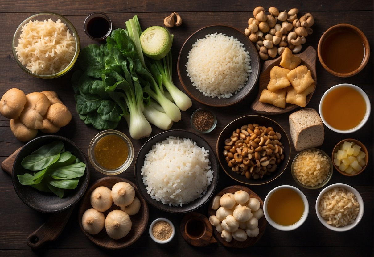 A table with various Chinese snack ingredients: soy sauce, rice vinegar, sesame oil, ginger, garlic, green onions, tofu, mushrooms, and bok choy