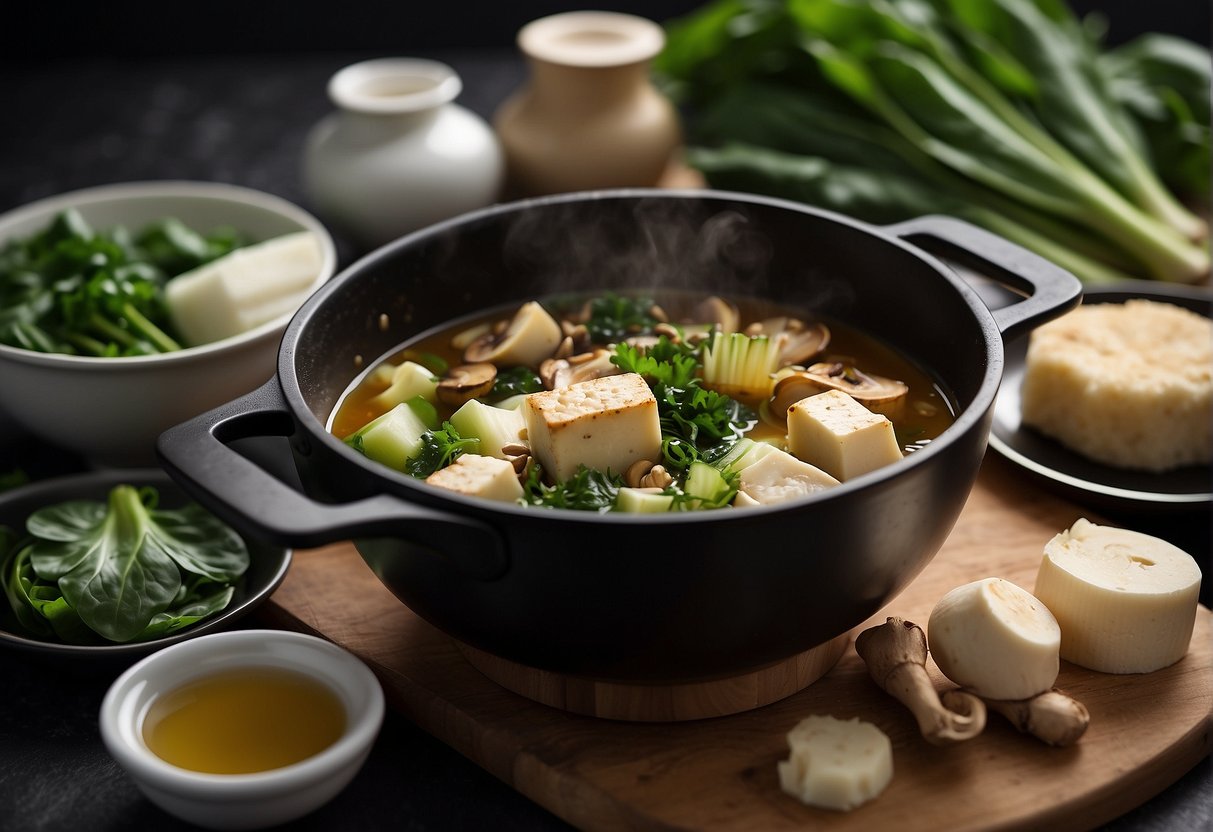 A table with various ingredients: ginger, garlic, mushrooms, bok choy, and tofu. A pot of simmering broth on a stove