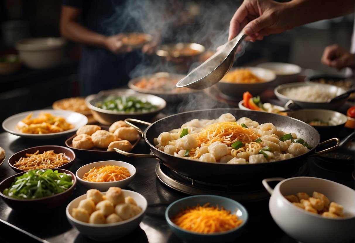 A table displays various Chinese snack ingredients and utensils. A wok sizzles with oil, while a chef prepares dumplings and spring rolls