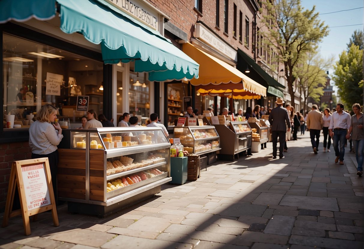 Vibrant ice cream shops line a bustling street, with colorful signs and happy customers enjoying sweet treats. Outdoor seating invites relaxation in the spring sunshine