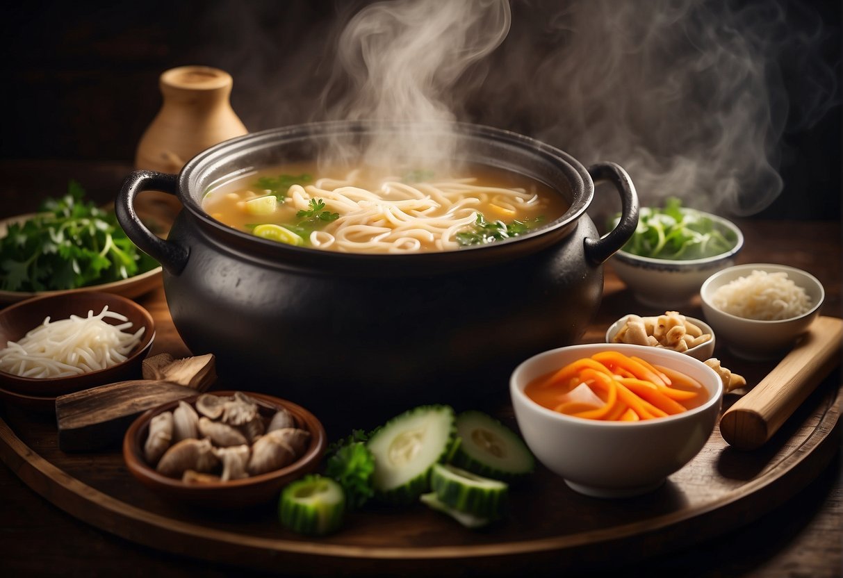 A steaming pot of classic Chinese soup surrounded by traditional ingredients and utensils