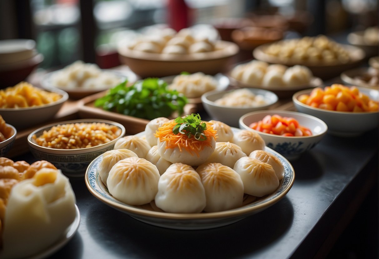 A table displays a spread of colorful and diverse Chinese snacks, including steamed buns, dumplings, and rice cakes, catering to various dietary needs