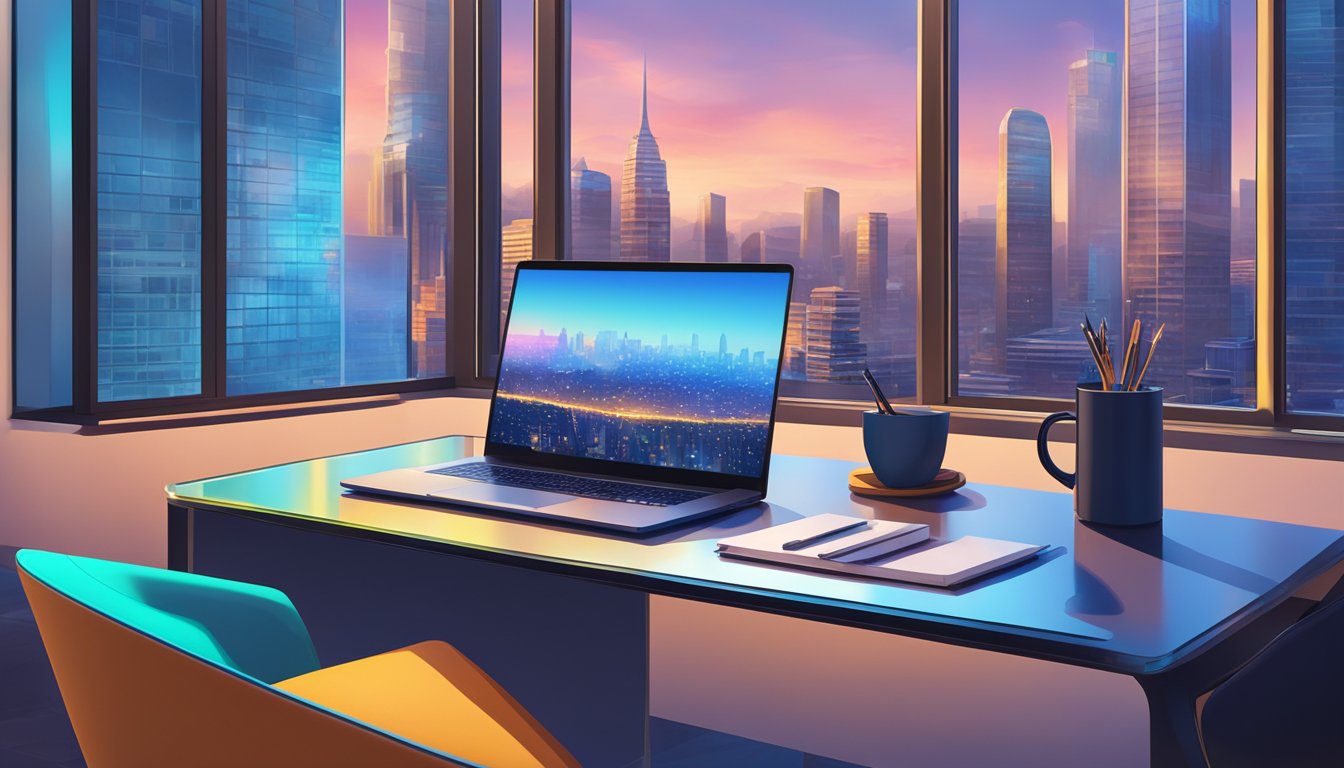 A laptop sitting on a sleek desk, surrounded by high-tech accessories and a comfortable chair, with a vibrant cityscape visible through the window