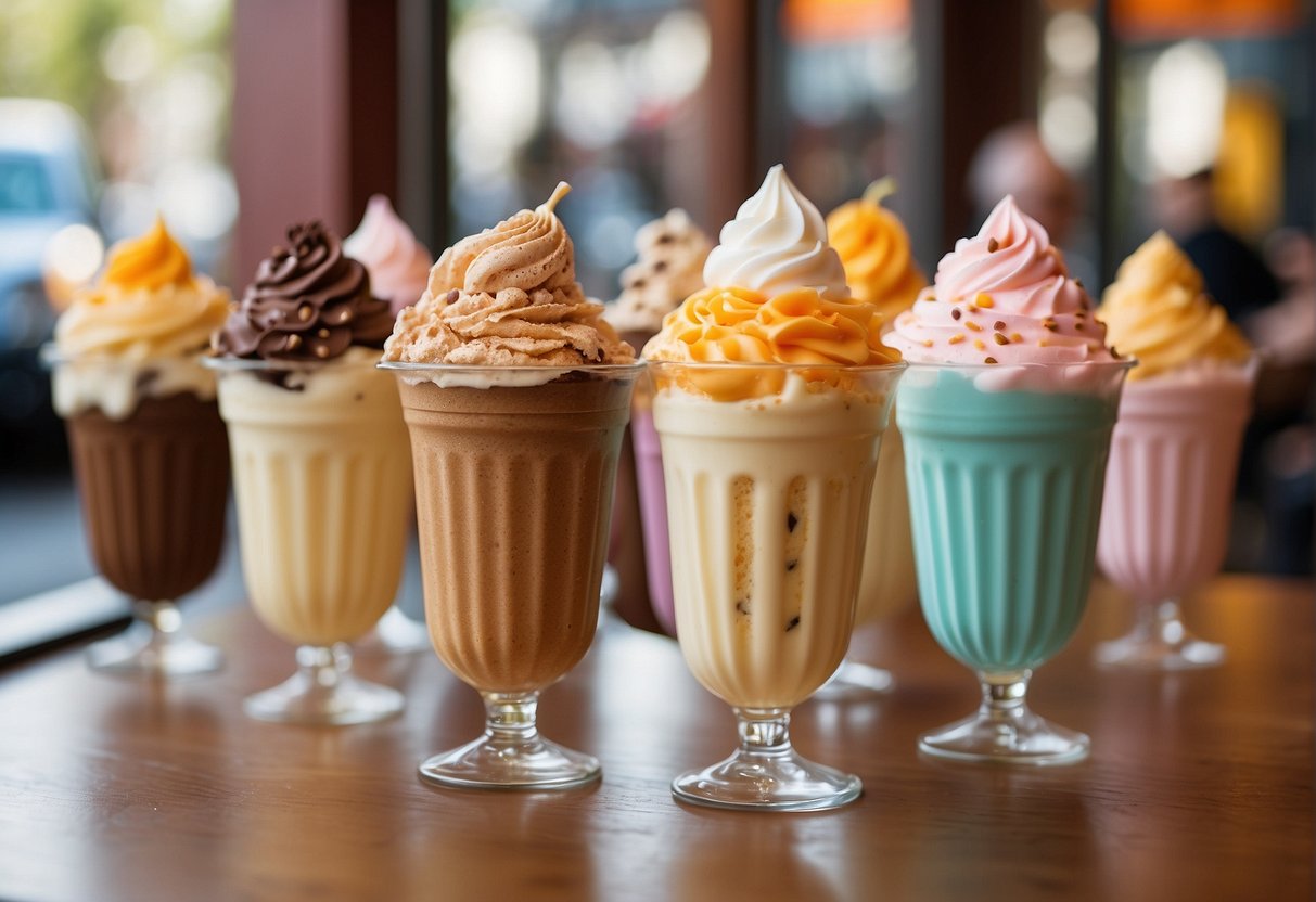 Vibrant ice cream shops with spring decor and outdoor seating. Customers enjoying seasonal flavors and participating in special events