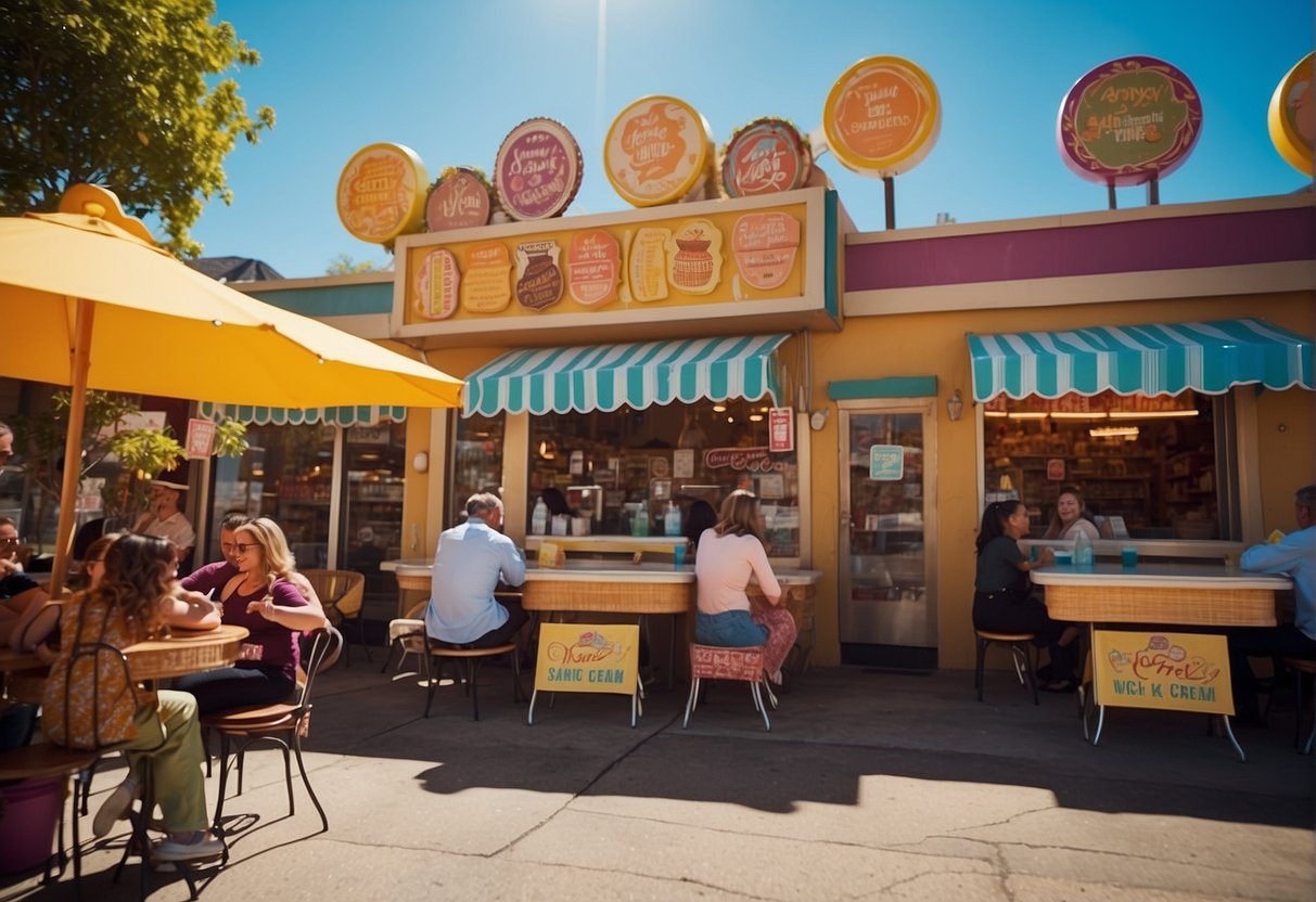 A sunny day at a bustling ice cream shop with colorful signs and happy customers enjoying their sweet treats. Outdoor seating and a vibrant atmosphere set the scene for a perfect spring break indulgence