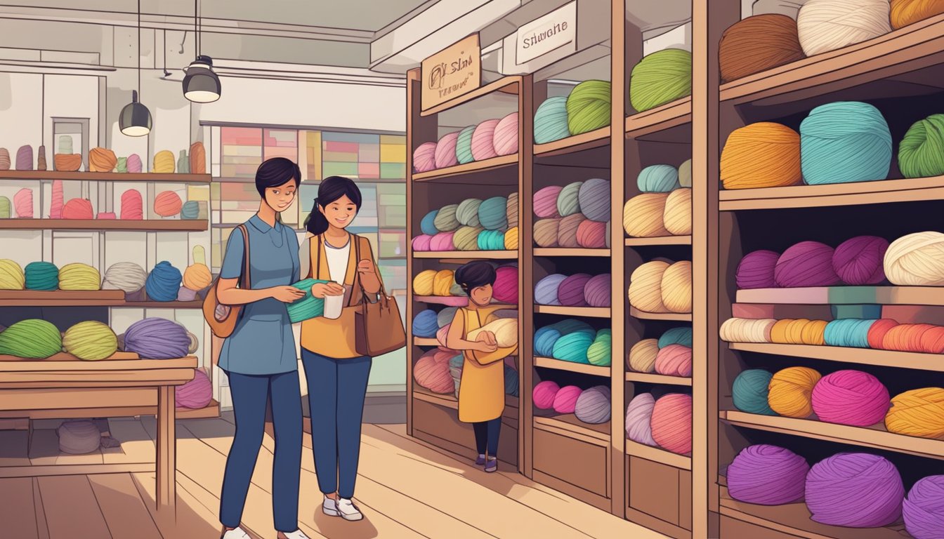 A cozy yarn shop in Singapore, shelves lined with colorful yarn skeins, a friendly clerk assisting customers, and a sign displaying various knitting and crochet classes
