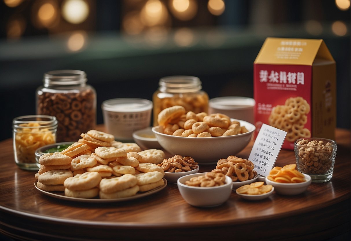 A table with various Chinese snacks neatly arranged, accompanied by a stack of recipe cards and a sign reading "Frequently Asked Questions easy Chinese snack recipes."