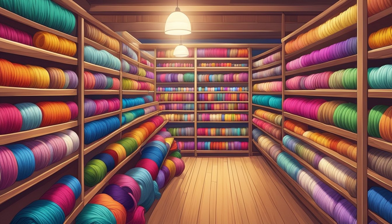 A colorful display of yarn spools and skeins fills the shelves of a cozy craft store in Singapore. Brightly lit and neatly organized, the yarn section offers a wide variety of textures and colors for knitting and crocheting enthusiasts