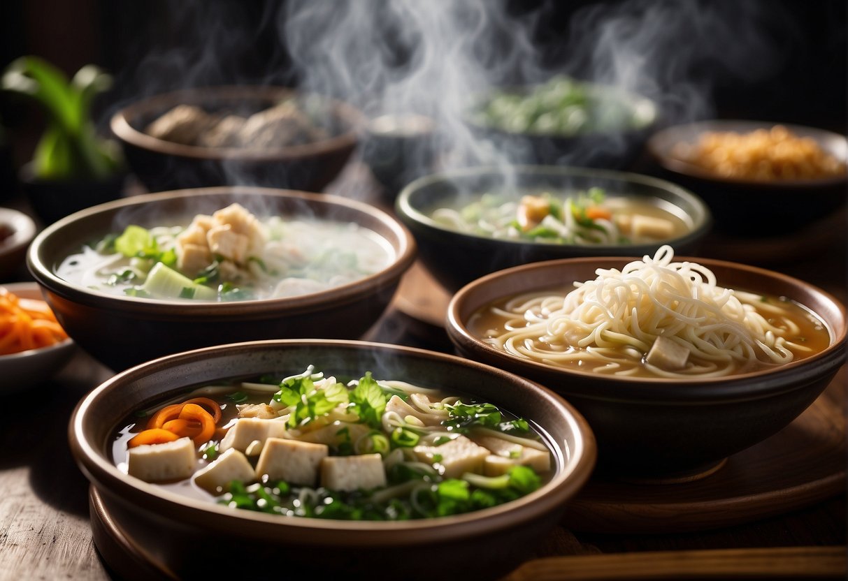 A table filled with bowls of steaming Chinese soups, each showcasing a different regional variety. Ingredients like tofu, bok choy, and noodles are visible in the rich broths