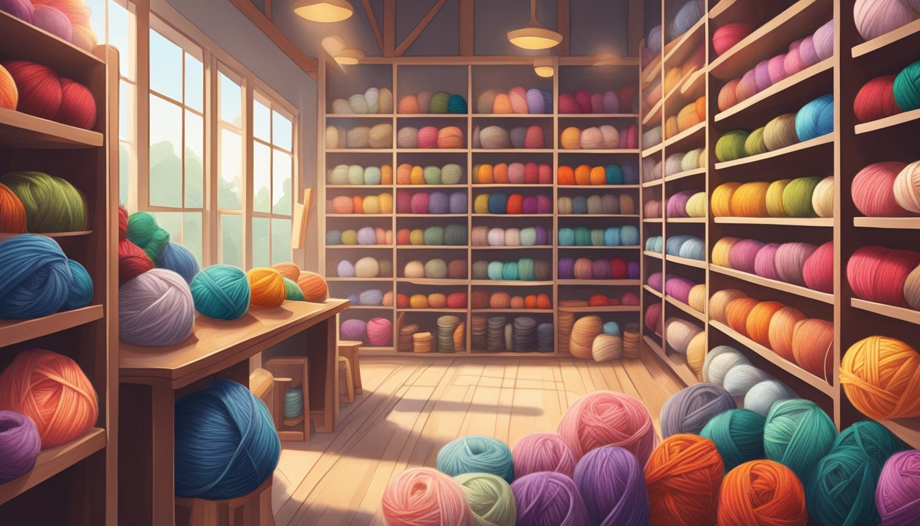 A cozy yarn shop in Singapore, shelves lined with colorful skeins and crochet hooks. Soft natural light streams in, illuminating the array of knitting essentials