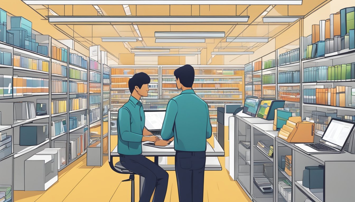 A person browsing a laptop store in Singapore, surrounded by shelves of laptops and asking a salesperson questions