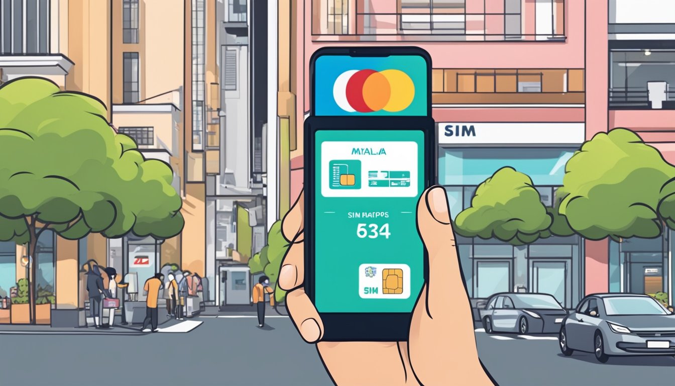 A hand holds a Malaysia SIM card, inserting it into a phone in Singapore. Nearby, a sign advertises where to buy Malaysia SIM cards in Singapore