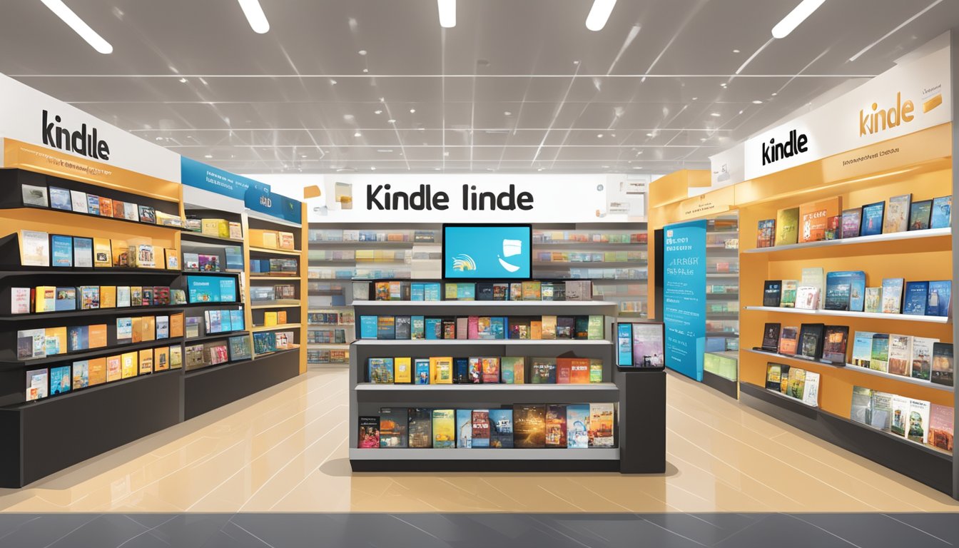 A brightly lit store display showcases various Kindle models and accessories. A sign above reads "Where to buy Kindle in Singapore."