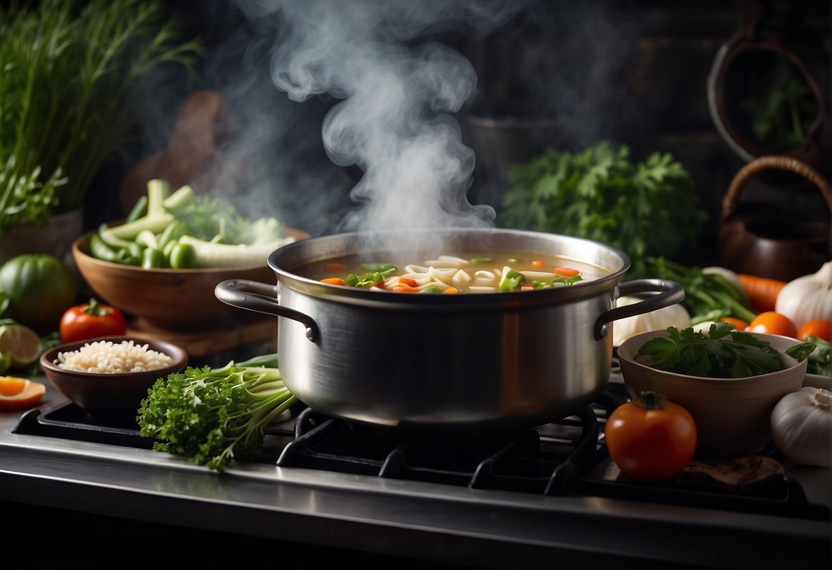A steaming pot of Chinese soup simmers on a stove, surrounded by fresh vegetables and herbs. A variety of dietary ingredients are neatly arranged nearby