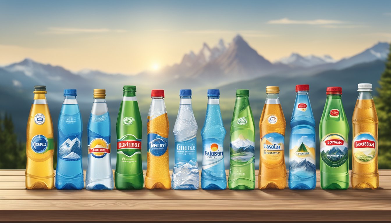 Bottles of German water brands arranged on a wooden table with a mountain landscape in the background