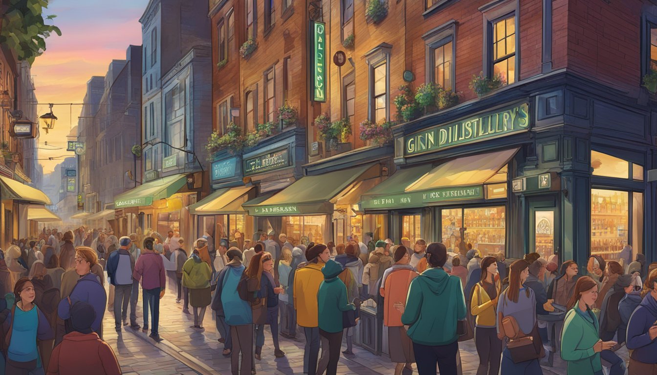 A bustling city street with vibrant signs and logos for gin distilleries, crowded with people enjoying the nightlife