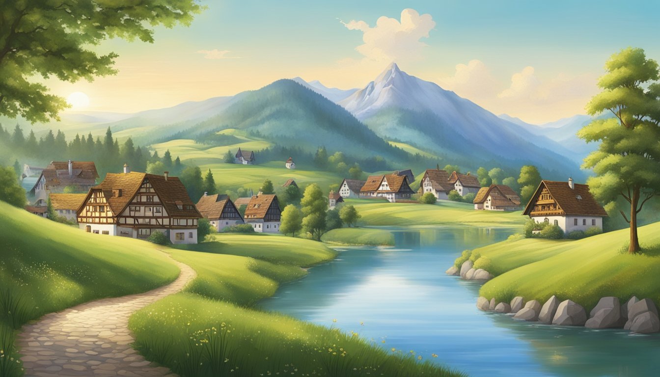 A serene landscape with a traditional German village nestled in the lush green hills, surrounded by clear, pristine lakes and rivers. The iconic German water brands are displayed prominently on signs and labels