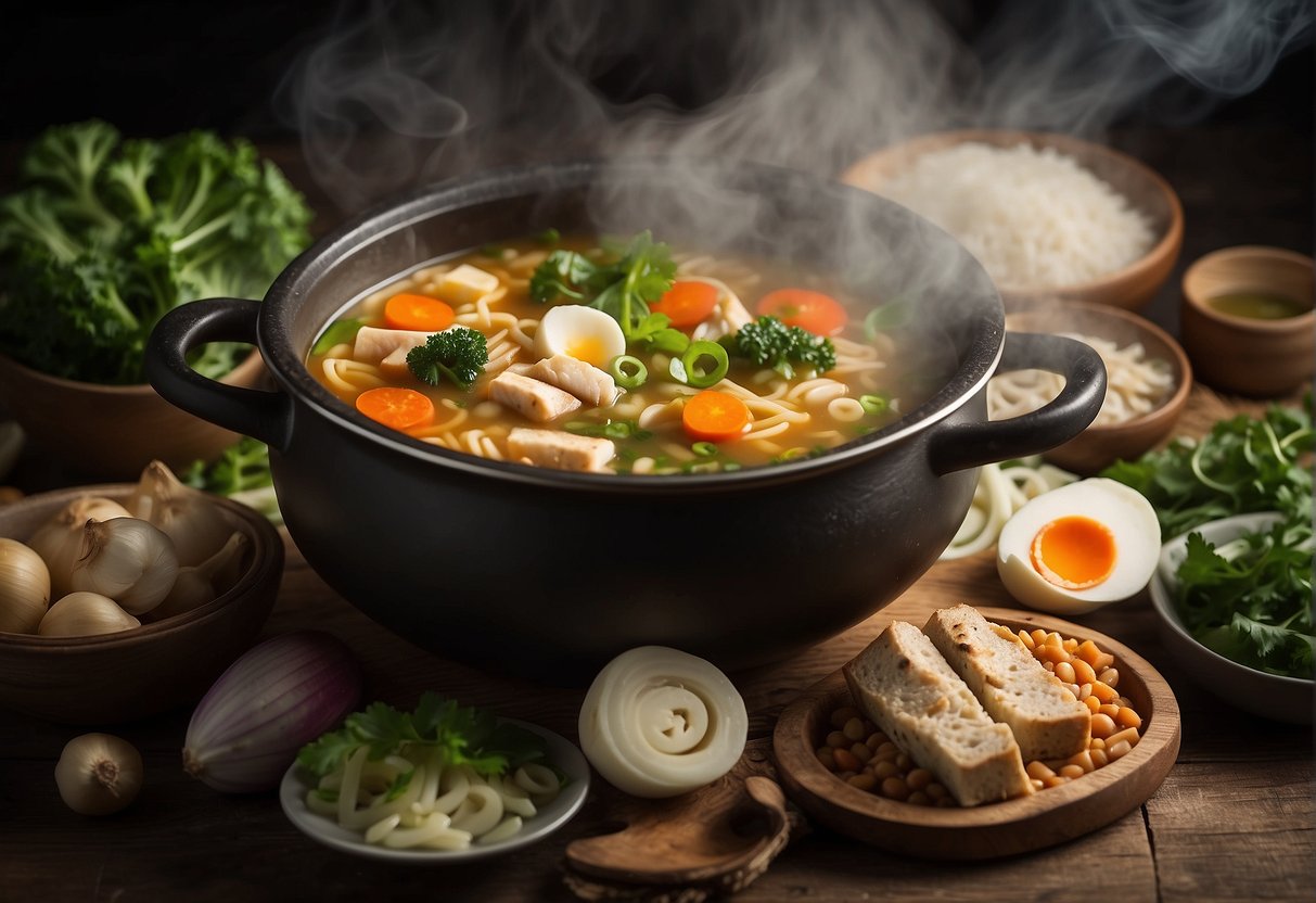 A steaming pot of Chinese soup surrounded by various fresh ingredients and a recipe book open to "Frequently Asked Questions easy Chinese soup recipes."