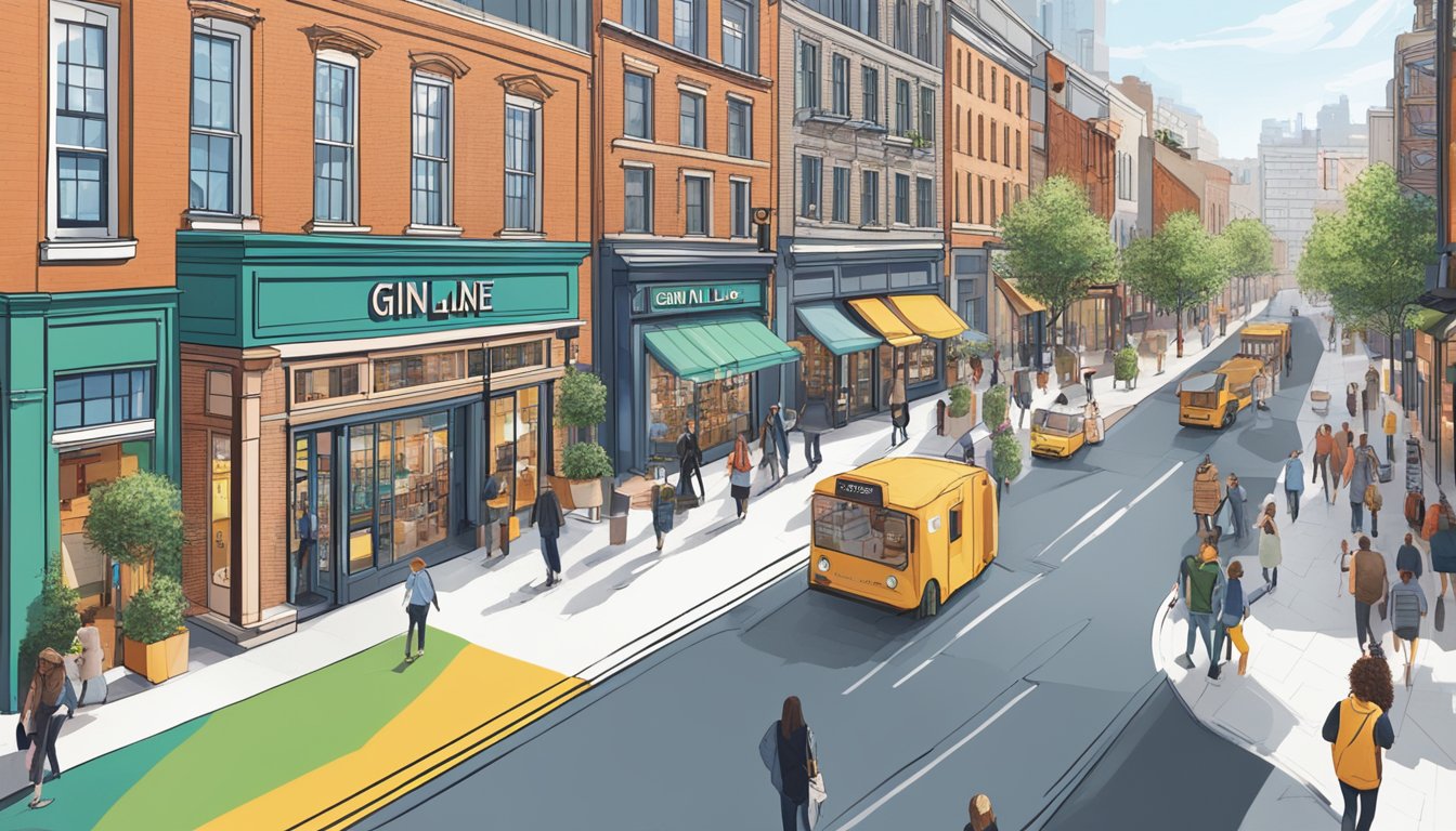 A bustling city street with vibrant storefronts and interactive digital displays showcasing the Gin Lane branding. Pedestrians engage with the brand's immersive experiences, while social media buzz spreads awareness