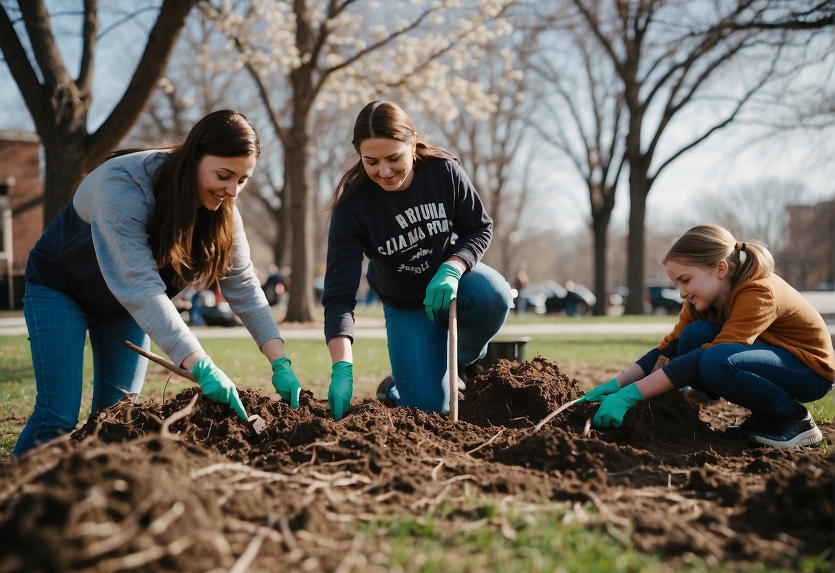 Families planting trees, cleaning up parks, and serving meals at local shelters in Missouri for Spring Break volunteering