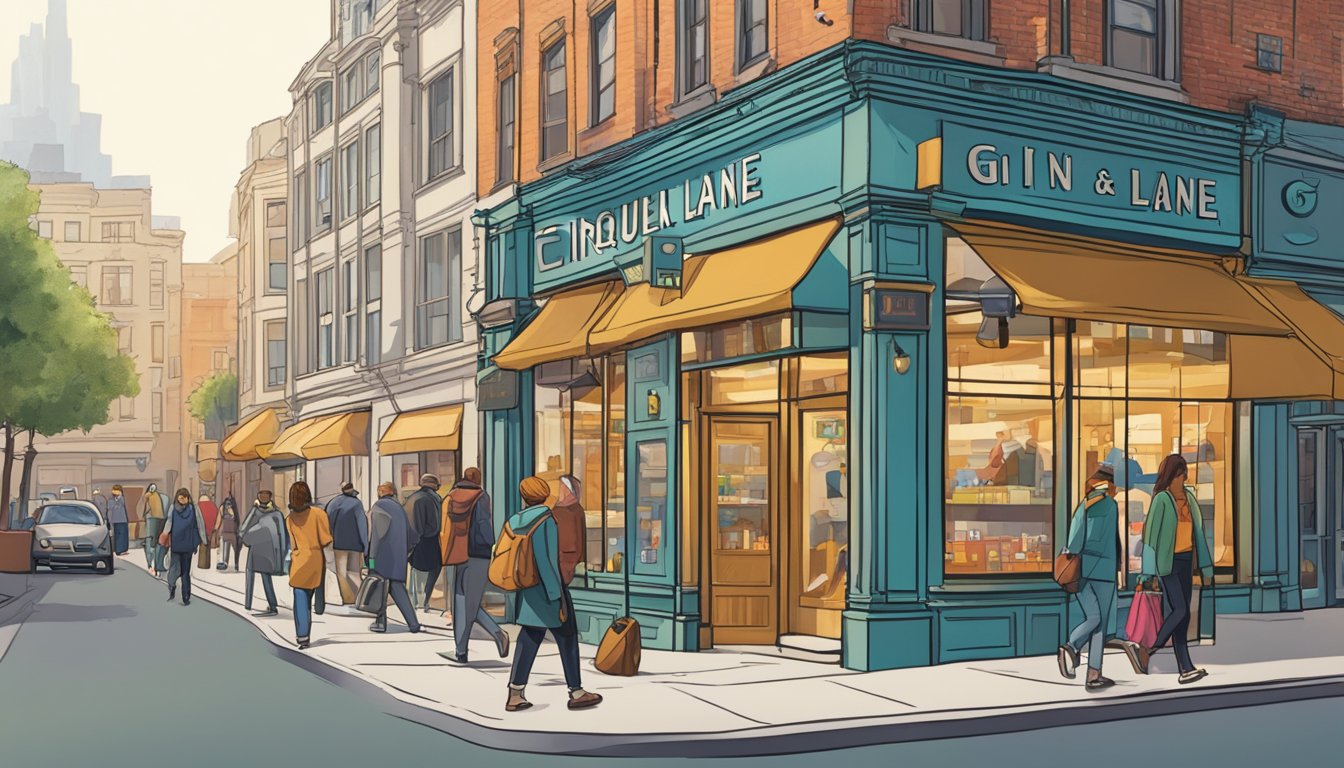 A bustling city street with a prominent sign for "Frequently Asked Questions gin lane branding" above a trendy storefront. Pedestrians pass by, while the vibrant energy of the urban setting is evident